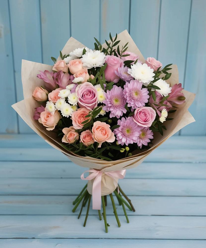 Букет цветов из: Хризантемы, Розы и Альстромерии в Февральск