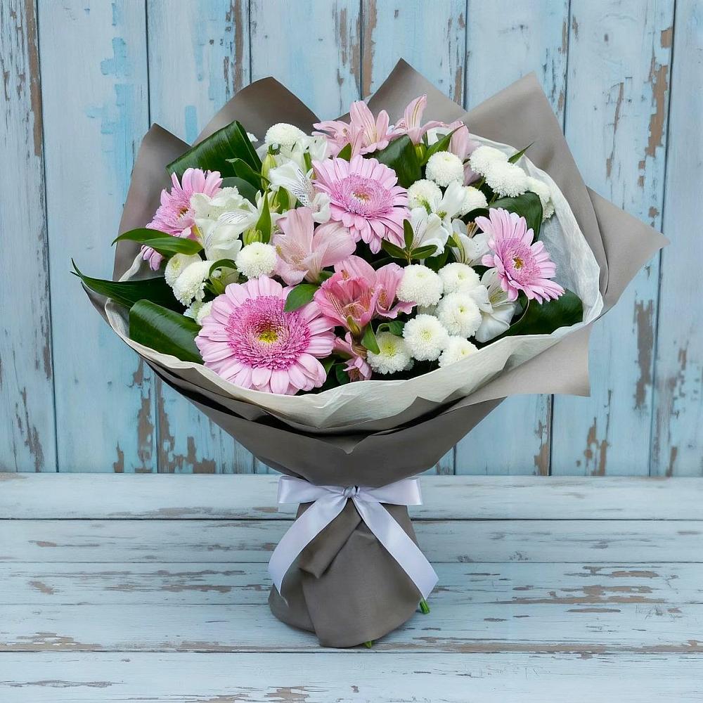 Букет цветов из: Герберы, Альстромерии и Хризантемы в Февральск