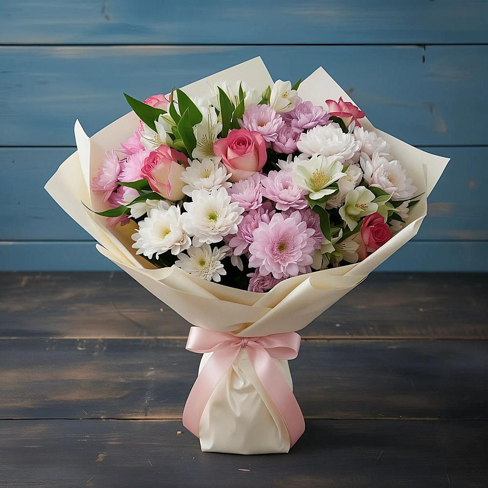 Букет цветов из: Хризантемы, Альстромерии и Розы в Февральск